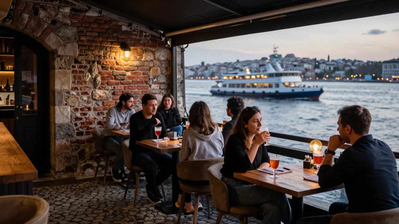 People enjoying cocktails at a waterfront bar terrace in Karakoy.
