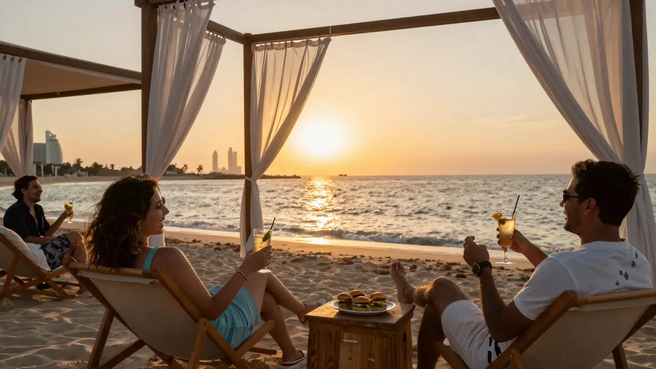 People relaxing on beach lounge chairs at Jumeirah with cocktails and free burgers as the sun sets over the ocean.