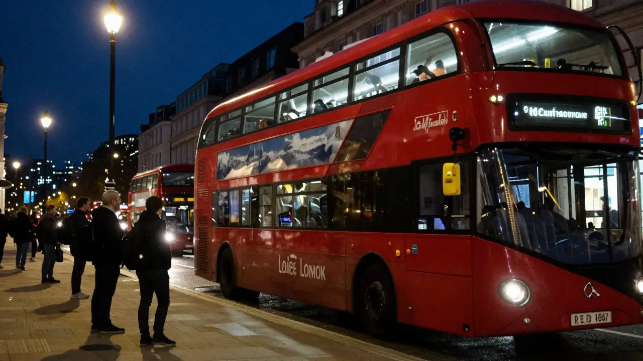 Red London night bus parked on a street at night with passengers.