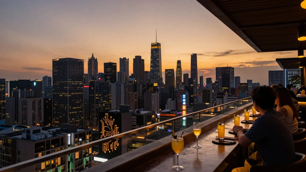 Rooftop bar at dusk with city skyline glowing below, guests enjoying cocktails as lights turn on.