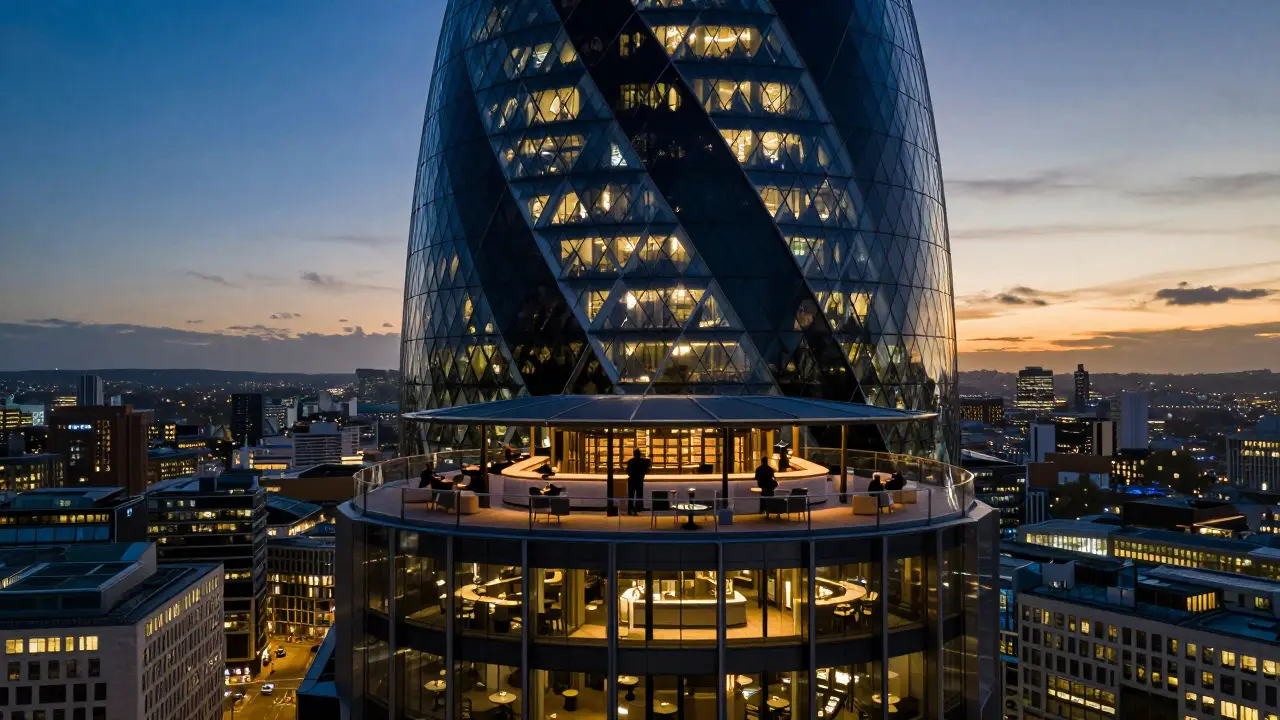 Rooftop bar with transparent glass floors overlooking city skyline at dusk