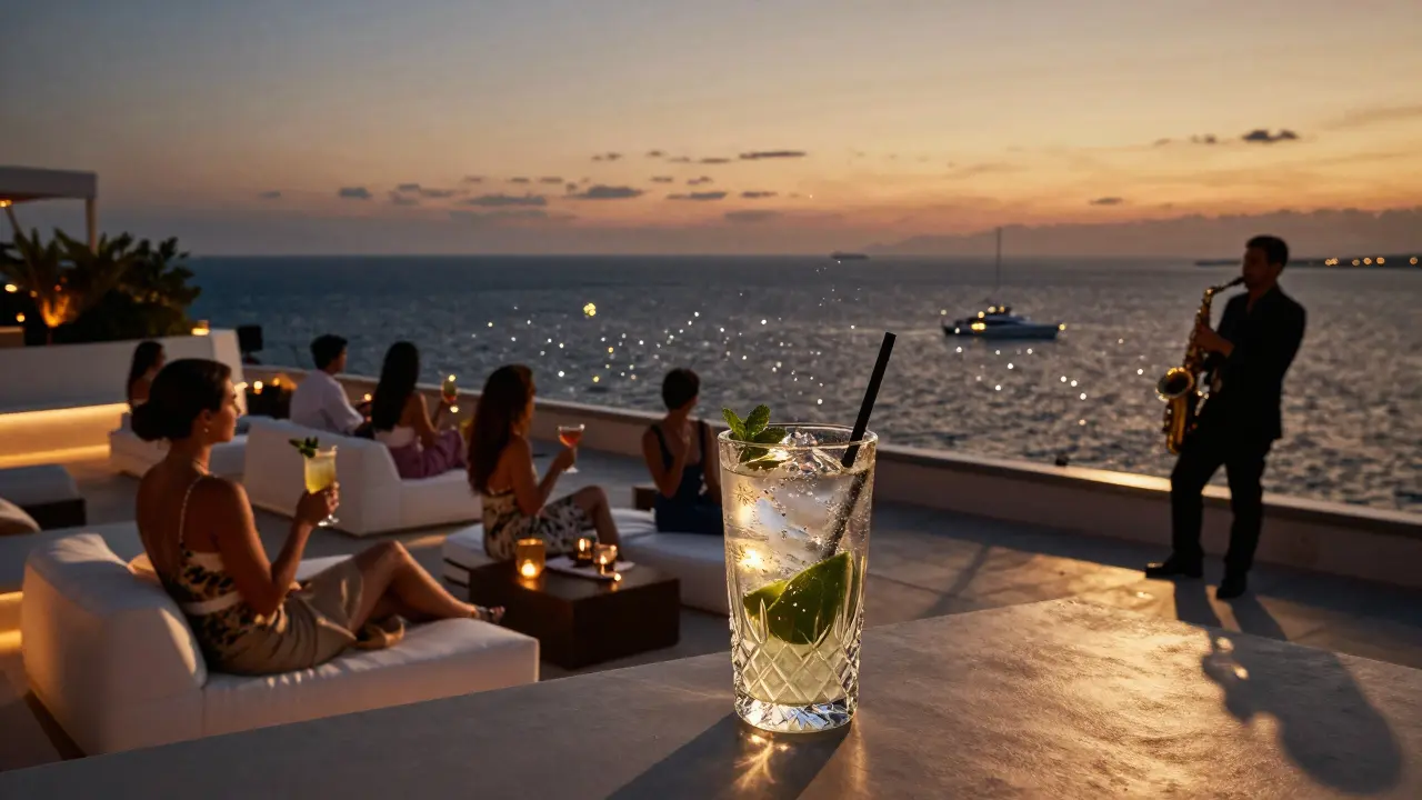 Rooftop lounge at L’Aqua with guests sipping cocktails as the Mediterranean glows under twilight stars.