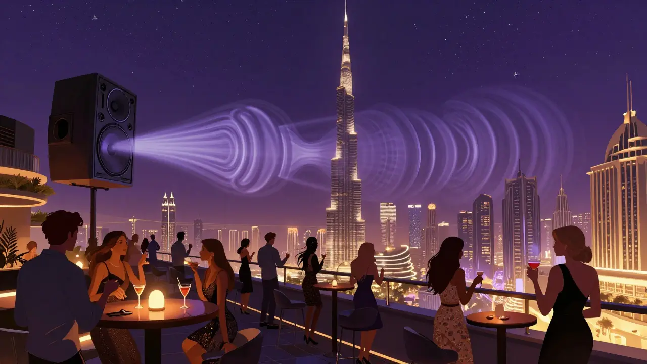Rooftop nightclub Cielo Dubai with guests dancing under stars and the Burj Khalifa glowing in the distance.