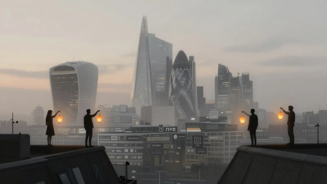 Silhouettes of diverse individuals holding glowing lanterns above London’s skyline at dawn, symbolizing resilience and dignity.