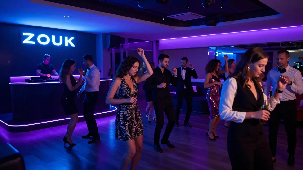 Sophisticated nightclub interior with ambient lighting and a stylish crowd dancing to house music.
