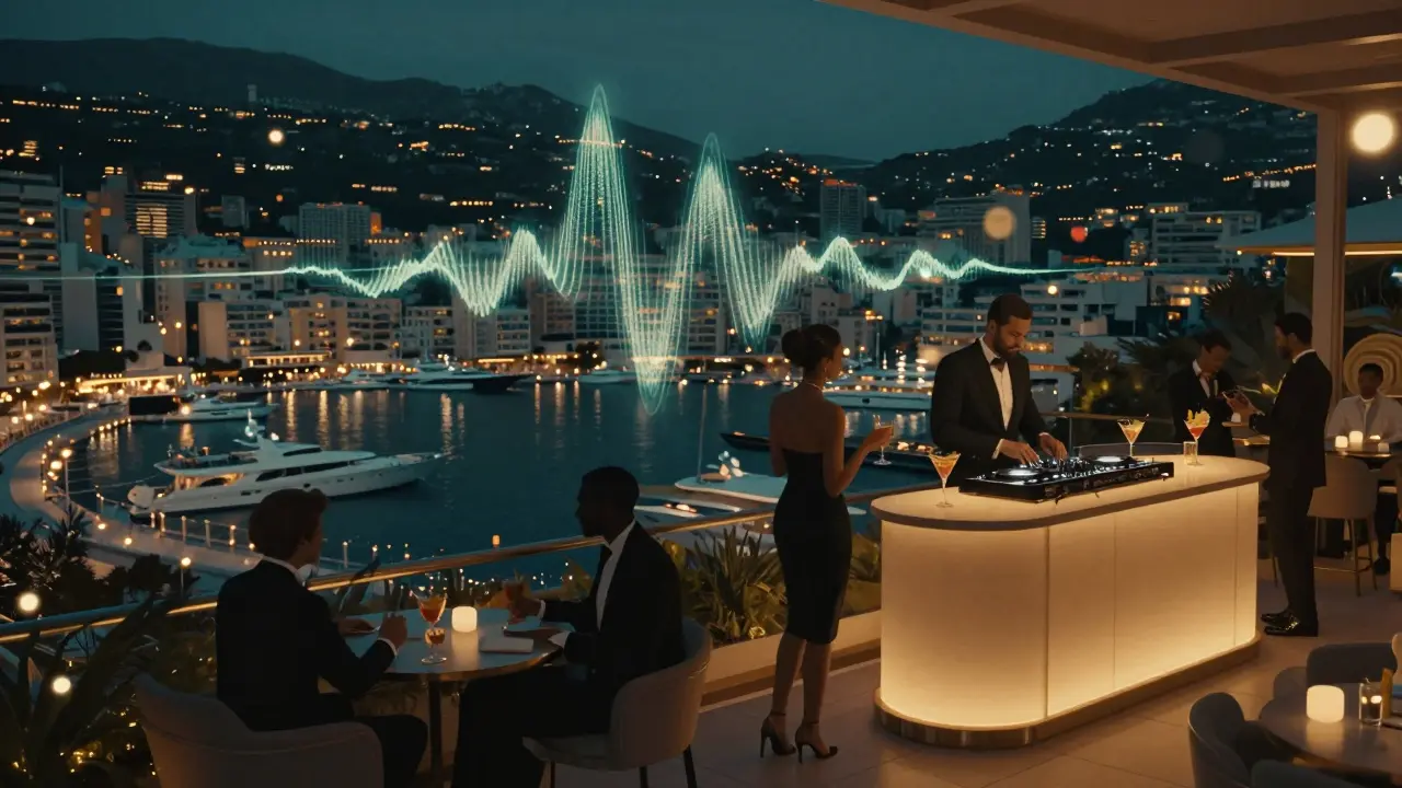 Sophisticated patrons enjoying cocktails on L'Aqua rooftop lounge, yachts lit up under string lights in the background.