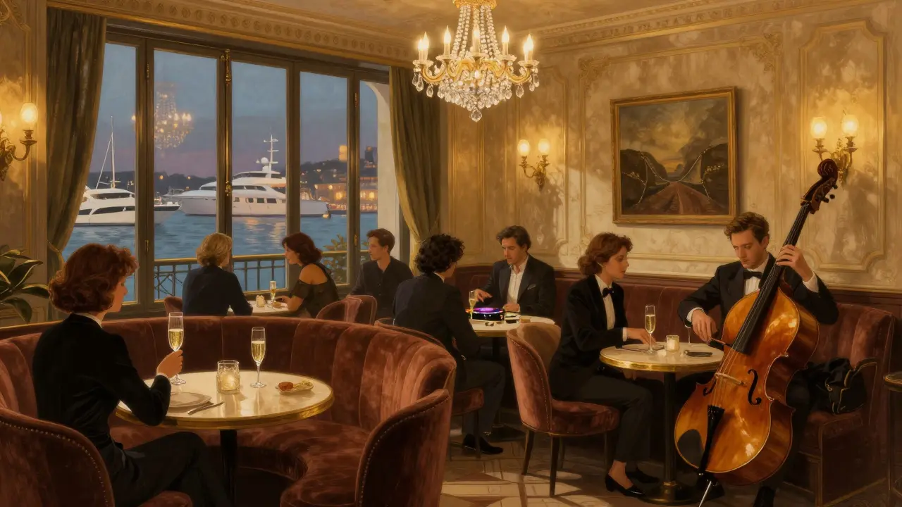 Sophisticated patrons sipping champagne in dim golden light at Café de Paris, reflections of the harbor through large windows.