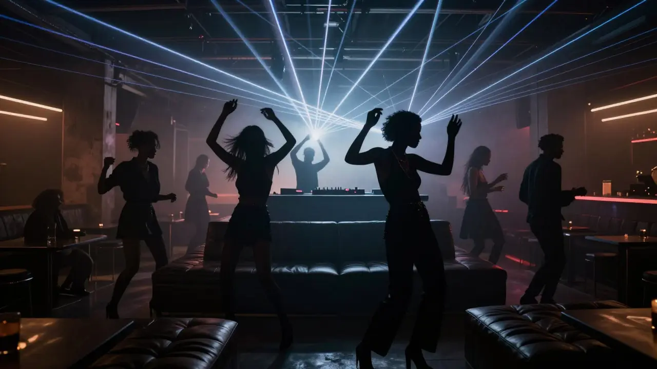 Stylish partygoers dancing in a dark warehouse club with laser lights.