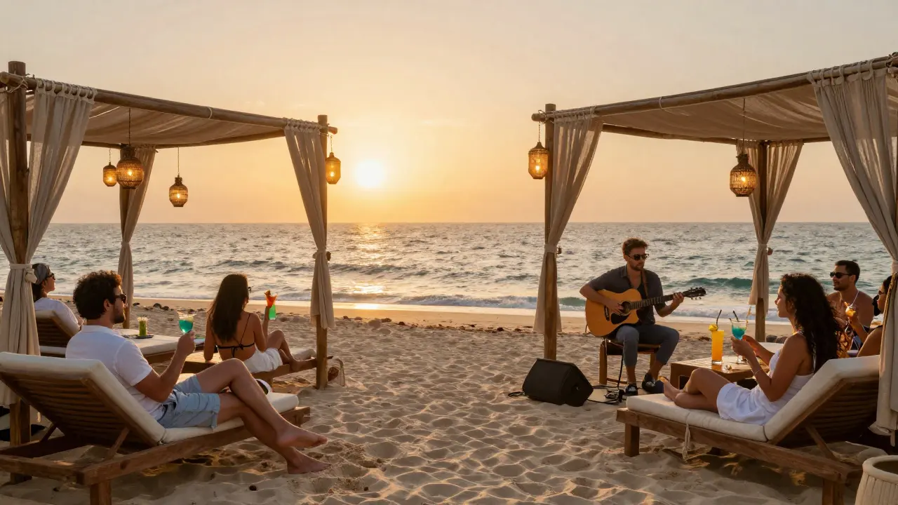 Sunset at Yas Beach club with guests lounging on cabanas, acoustic music playing, and the Gulf horizon glowing in golden light.