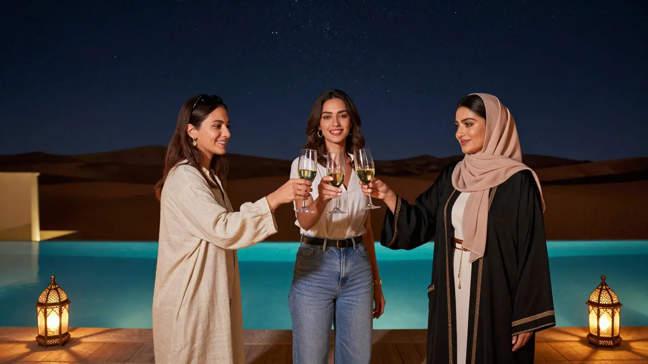 Three diverse women toasting at a rooftop bar with infinity pool and Moroccan lanterns at night.