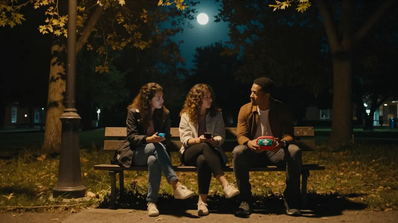 Three escort workers share a quiet moment in a hidden park at midnight, offering silent support to one another.