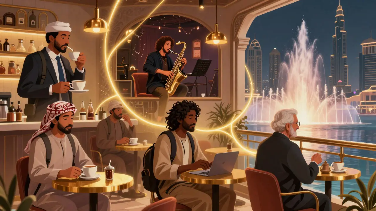 Three individuals share quiet, meaningful moments with their escort across Dubai—coffee, jazz, and a balcony sunset.
