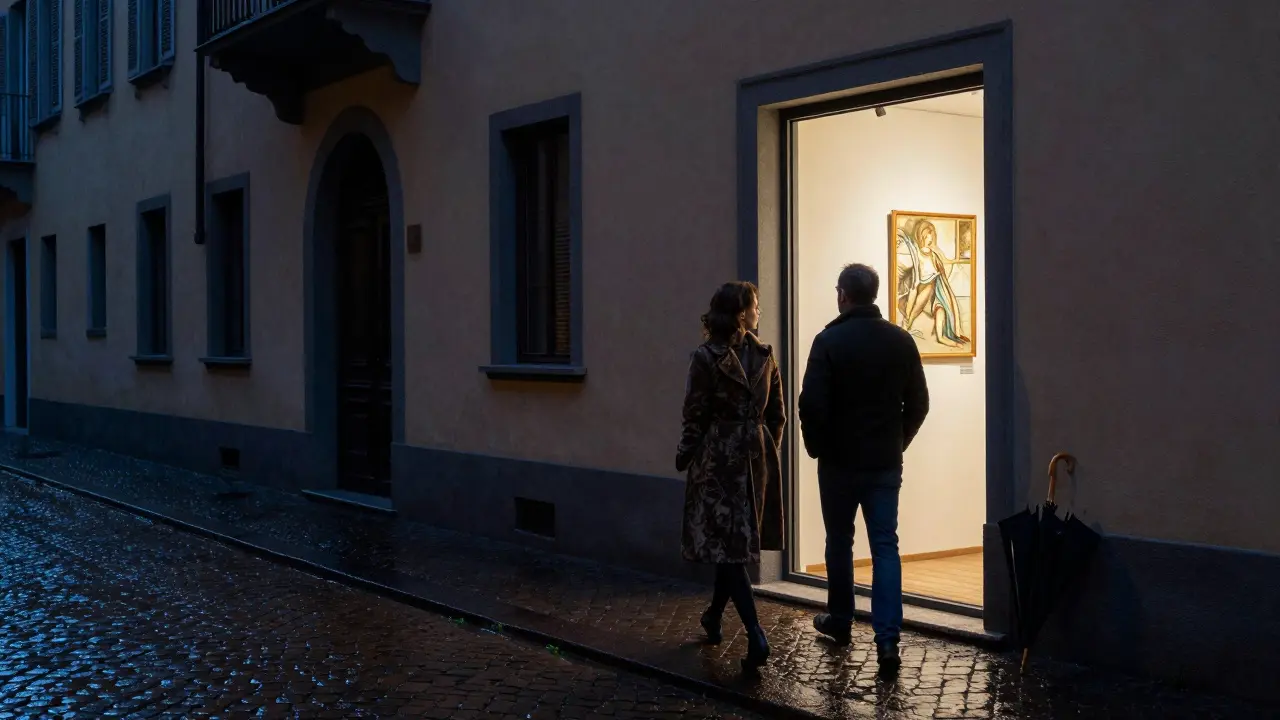 Two figures walking quietly through Brera’s rain-slicked streets, art gallery glow illuminating the night.