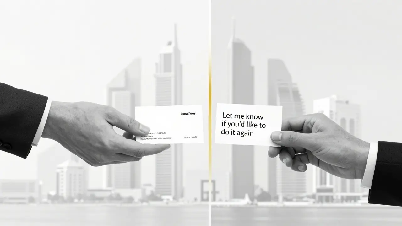 Two hands reaching across a transparent barrier—one offering a business card, the other a gentle note of respect.