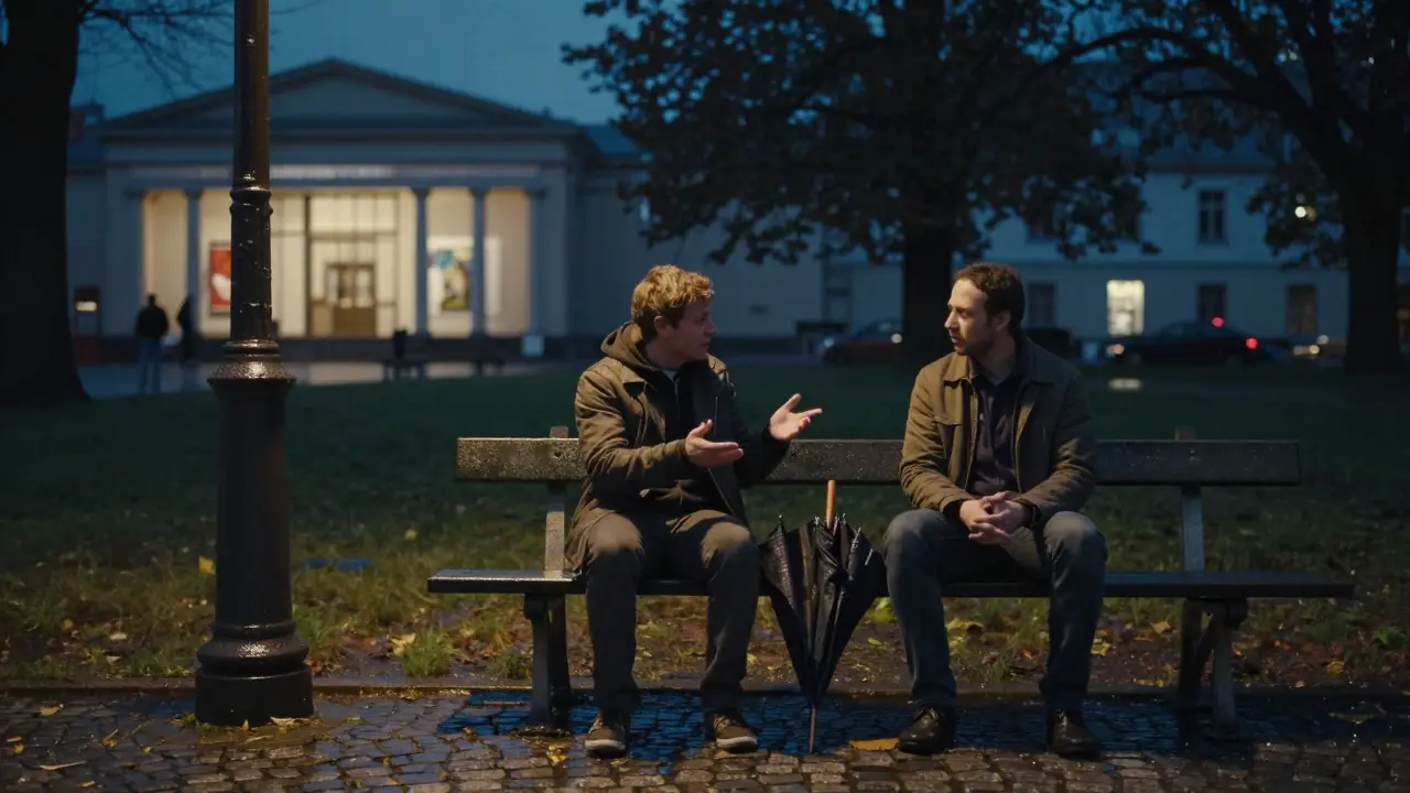 Two individuals sitting side by side on a rainy Berlin park bench, sharing an umbrella in calm companionship.