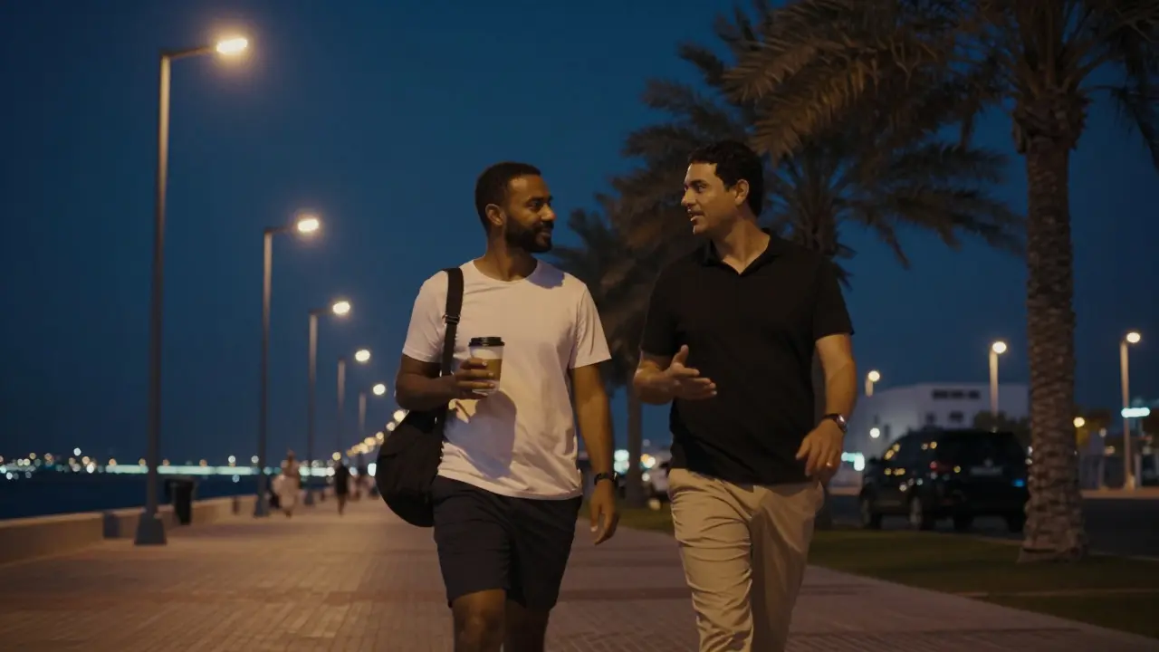 Two individuals walking along the waterfront in Abu Dhabi, talking calmly under streetlights.