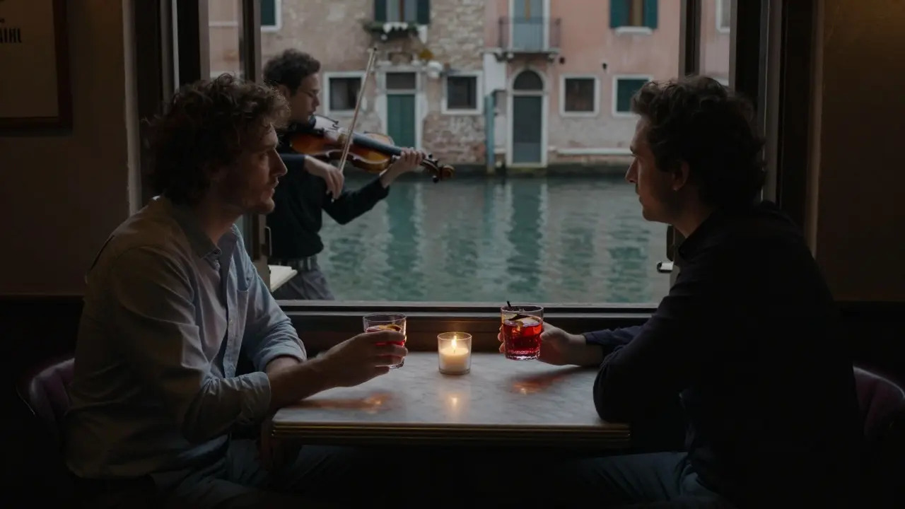 Two people enjoy quiet drinks at a canal-side bar in Navigli, candlelight reflecting in their glasses.