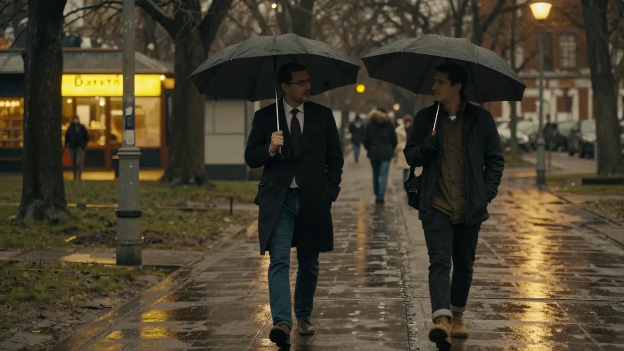 Two people walking in Berlin's Tiergarten Park under an umbrella at dusk, quietly conversing.
