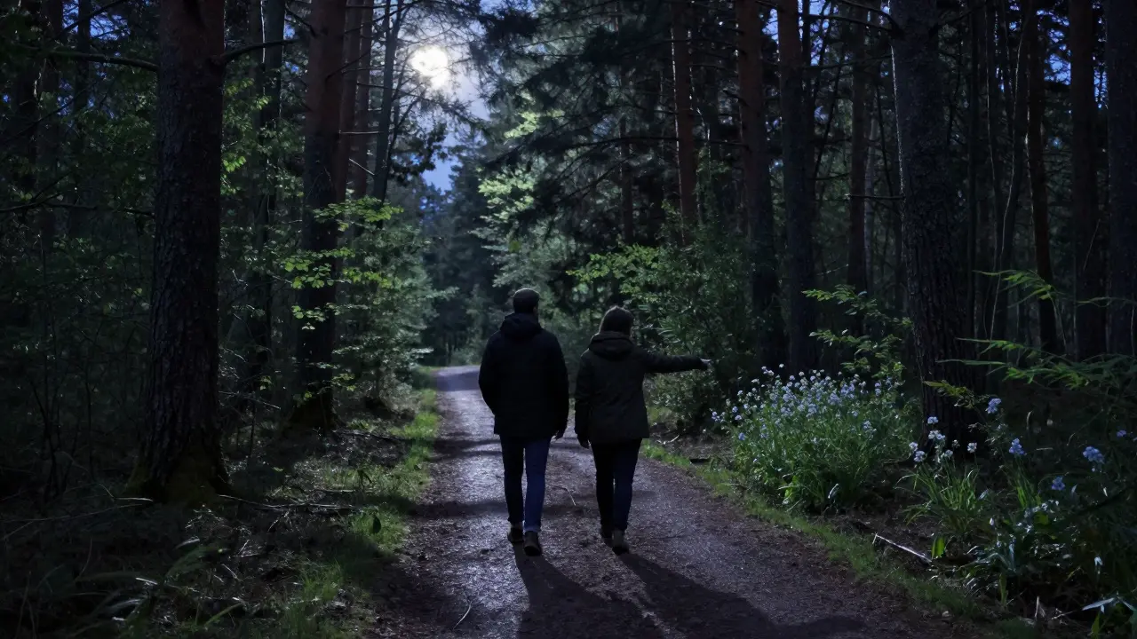 Two people walking silently through a moonlit forest, one pointing to wildflowers under the soft glow of lunar light.