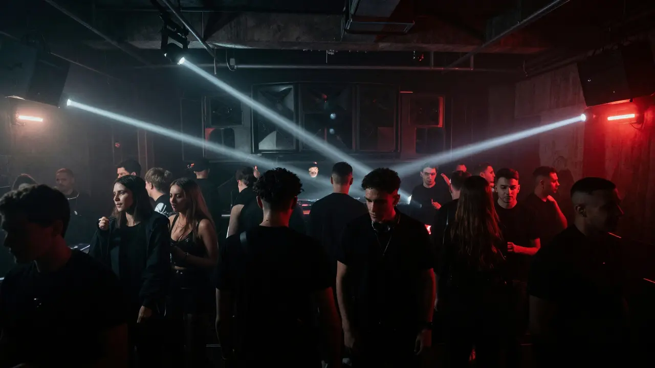 Underground techno club La Scala with fog, strobe lights, and a crowd lost in pulsing bass.