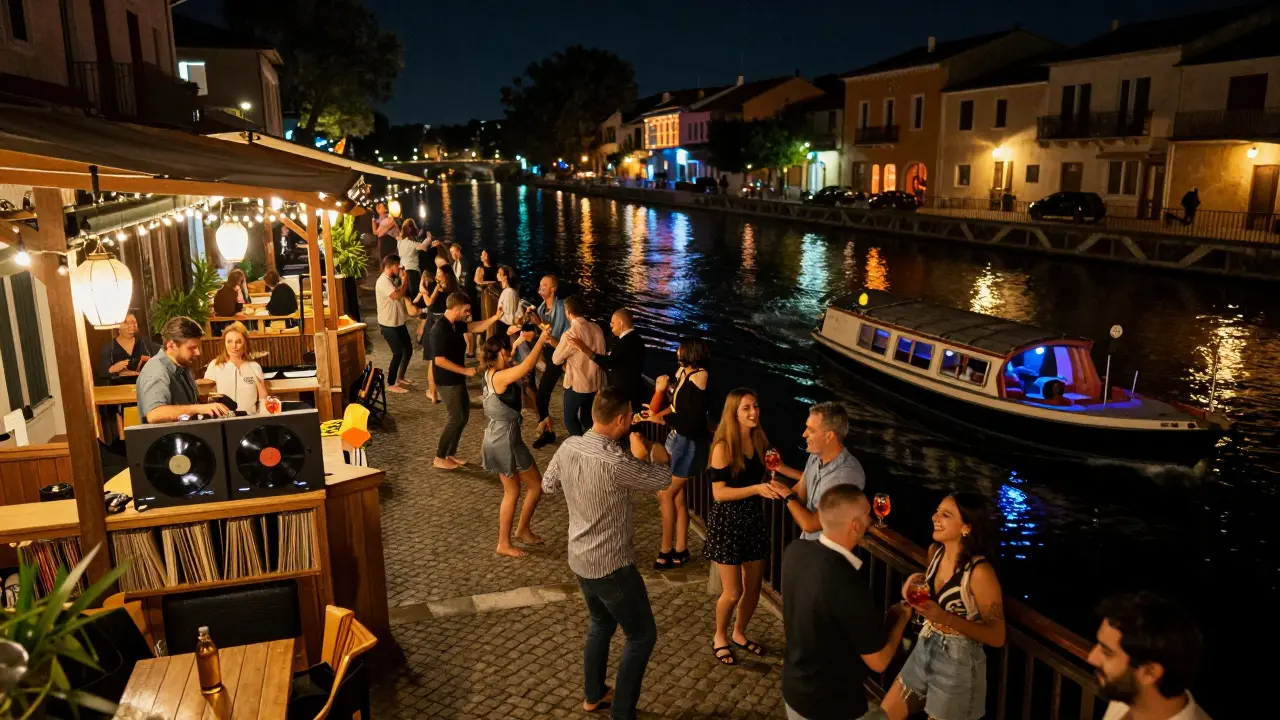 Vibrant open-air bars along Naviglio Grande canal with people dancing on cobblestones at night.