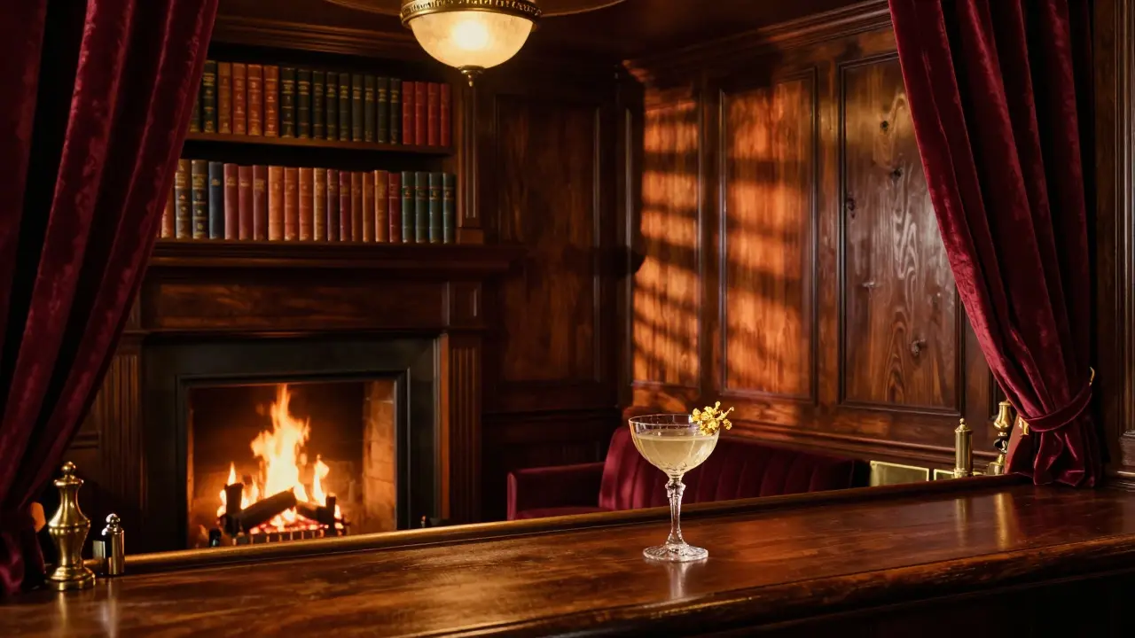 Vintage speakeasy interior with wooden bookshelves and fireplace glow